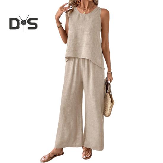 Женский комплект из двух предметов для отдыха, летний топ без рукавов с вырезом сзади и широкие брюки, повседневная одежда для отпуска и путешествий