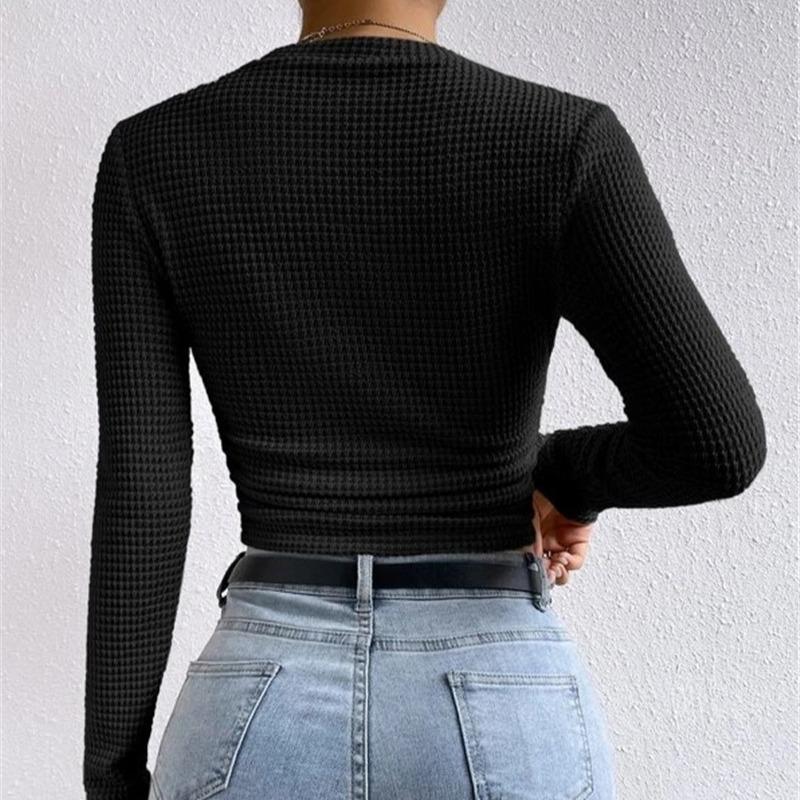 Модная тонкая футболка с круглым вырезом и длинным рукавом, элегантная однотонная трикотажная повседневная футболка для женщин, простая базовая женская укороченная футболка-пуловер 26148