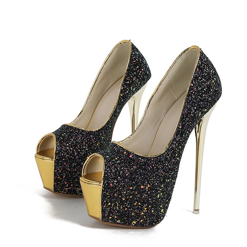 Sexy Peep Toe Extreme High Heels Party Nightclub Stripper Pole Dance Shoes Fashion Sequined Cloth Platform Pumps Women