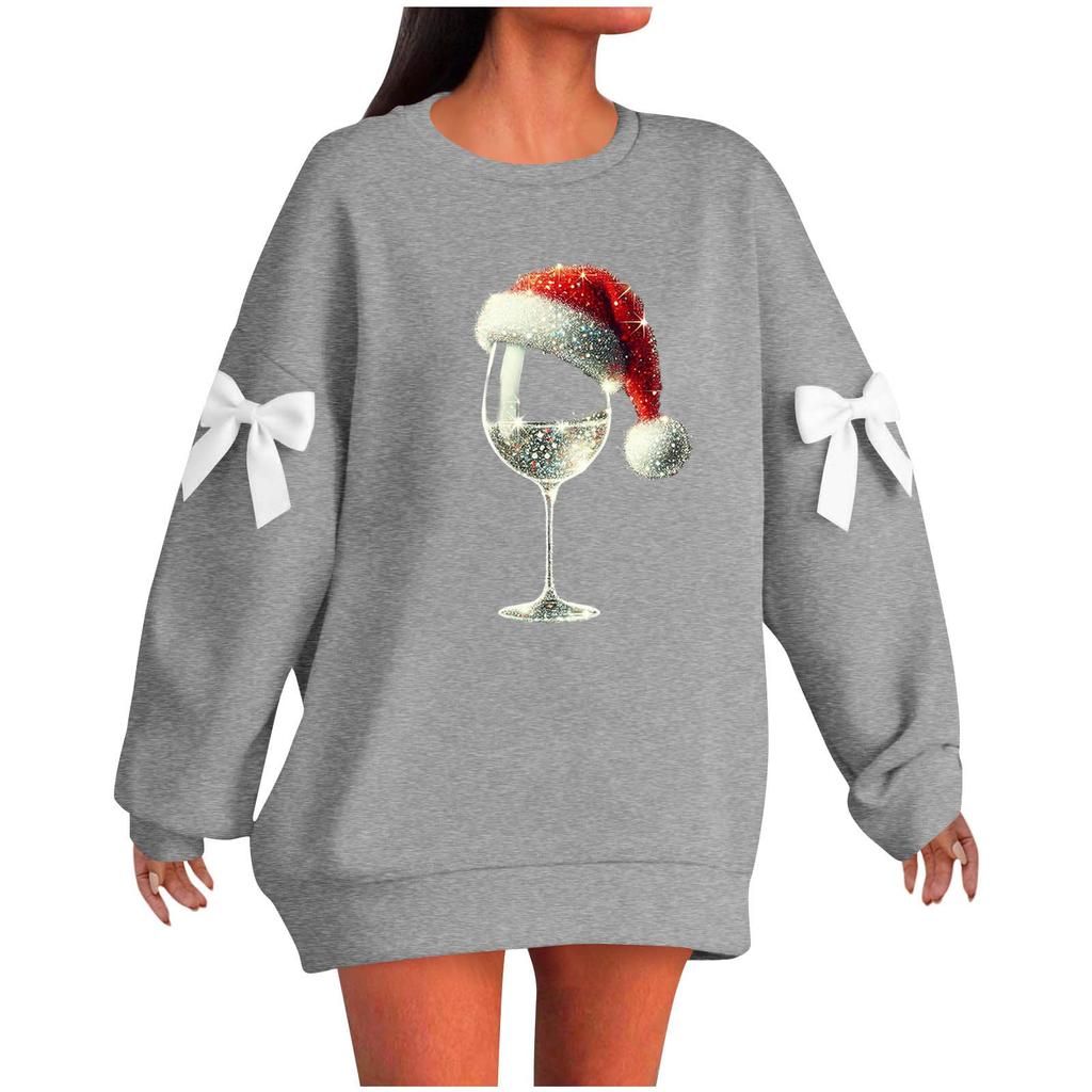 Ladies' Christmas Printed Bow Round Neck Long Sleeved Loose Pullover Sweater Sweatshirt Top