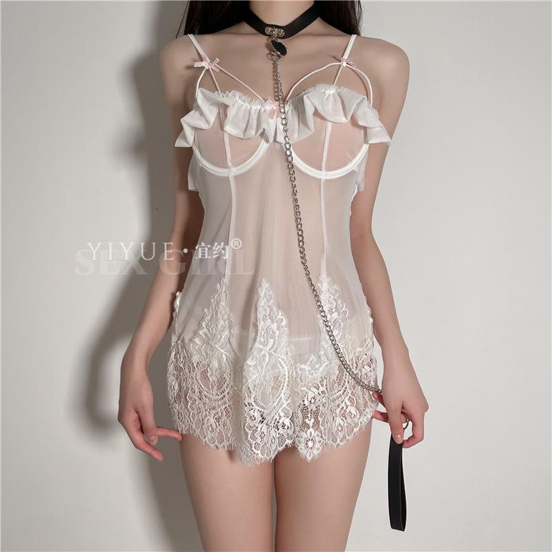 Erotic Underwear, sexy halter nightgown, Hot lace Seductive, Cut-out beauty back, steel support, Gathering pajamas 8474