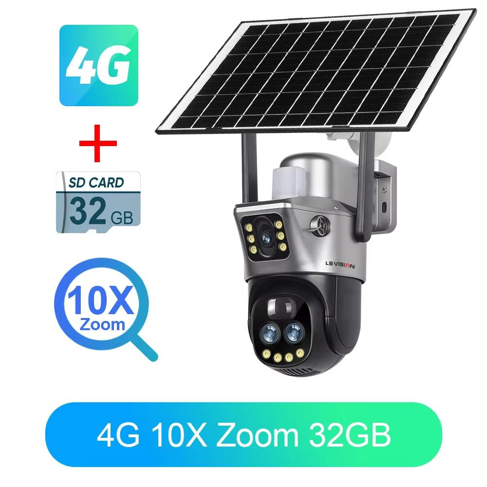 LS VISION Камера с двумя экранами, WIFI или 4G SIM, солнечная камера, 10-кратный зум, уличные камеры с подсветкой и сигнализацией, автоматическое слежение, PTZ CCTV камеры, IP66