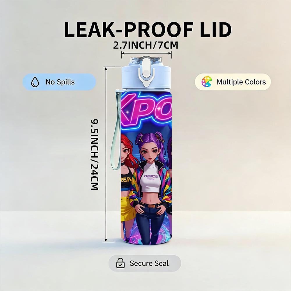 1PC Bright Neon Kpop Girl Group Bust 750ml Color Plastic Water Bottle Leakproof Flip Straw Lid For Sports Office Home Use