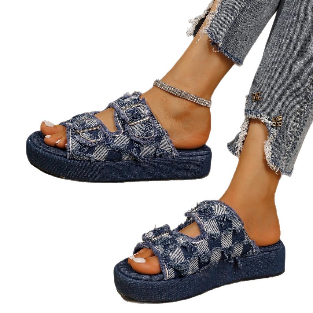 Новые джинсовые двубортные однопедальные тапочки большого размера для женщин, летняя одежда 2025 года, повседневные тапочки на толстой подошве