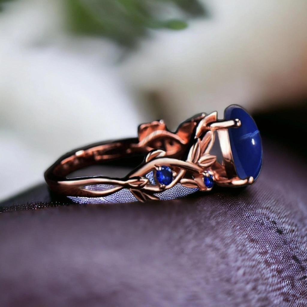 Handmade Rose Gold Plated Star Sapphire Ring: 925 Sterling Silver Branch Leaf Engagement Ring: Art Deco Twig Ring Jewelry Gift