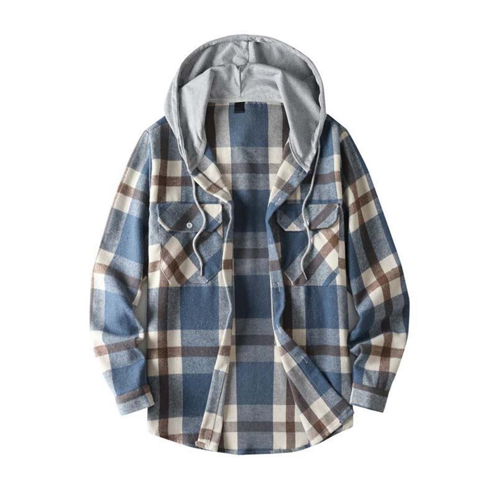 Men's Striped Plaid Casual Loose Button Lapel Long Sleeve Hooded Cardigan Shirt Jacket