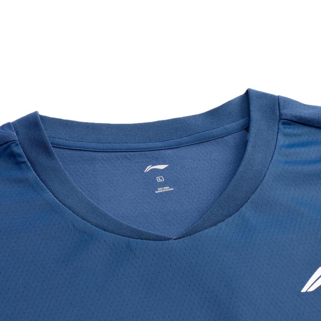 Li-Ning Круглый вырез горловины с принтом, трикотажная спортивная рубашка с коротким рукавом для бадминтона, топы унисекс, темно-синие AAYU237-3