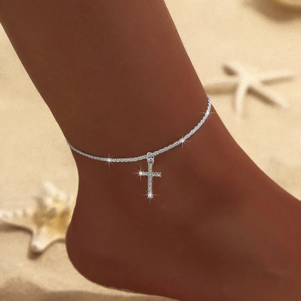 Искрящийся тонкий браслет-цепочка на щиколотку для женщин Zircon Cross Подвеска Браслет на ногу Стопу 2026 Модный Бохо Летние Пляжные Украшения