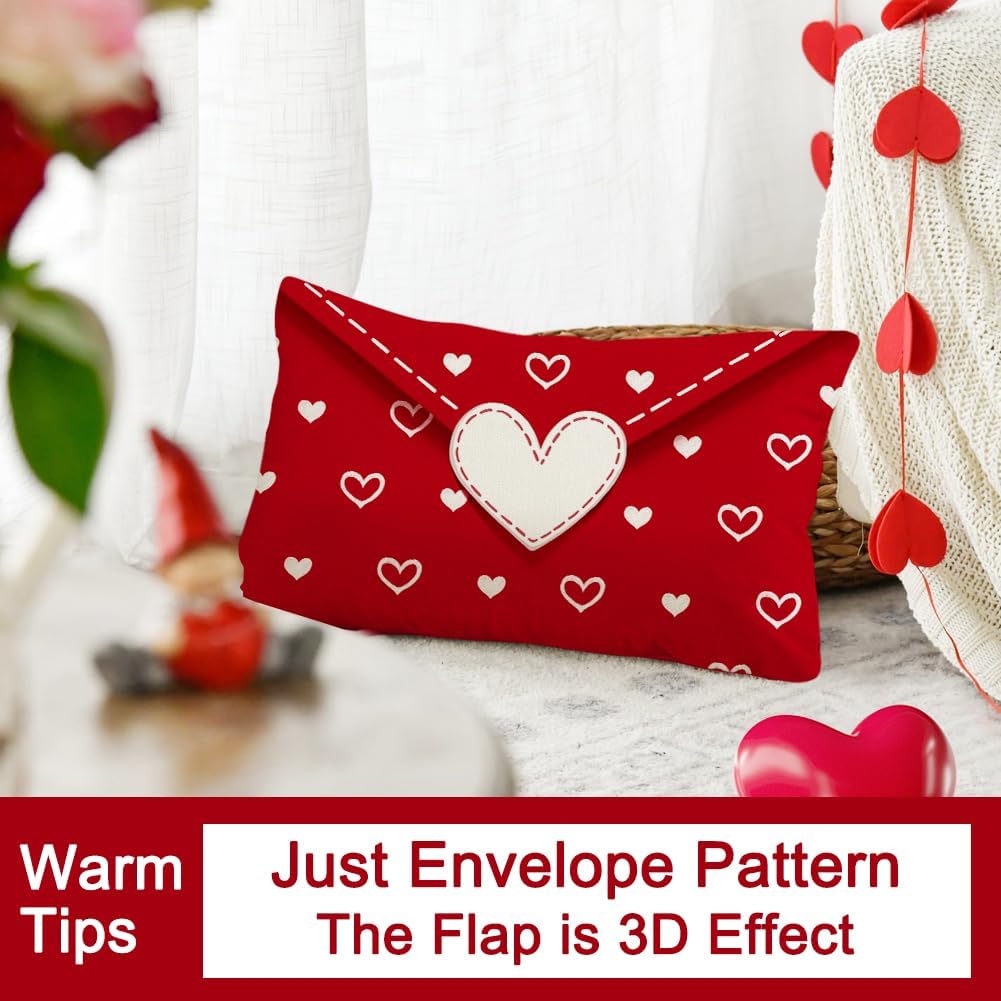 RABUSOFA Valentine Pillow Covers 12x20,Red Valentine Day Pillows Decorative Heart Throw Pillows,Envelope Outdoor Valentines Lumbar Pillows Cases