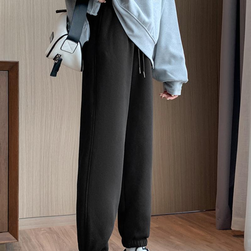 Осенние и зимние теплые флисовые широкие брюки женские модные однотонные узкие повседневные брюки с высокой талией женские однотонные элегантные плюшевые свободные женские брюки 25698