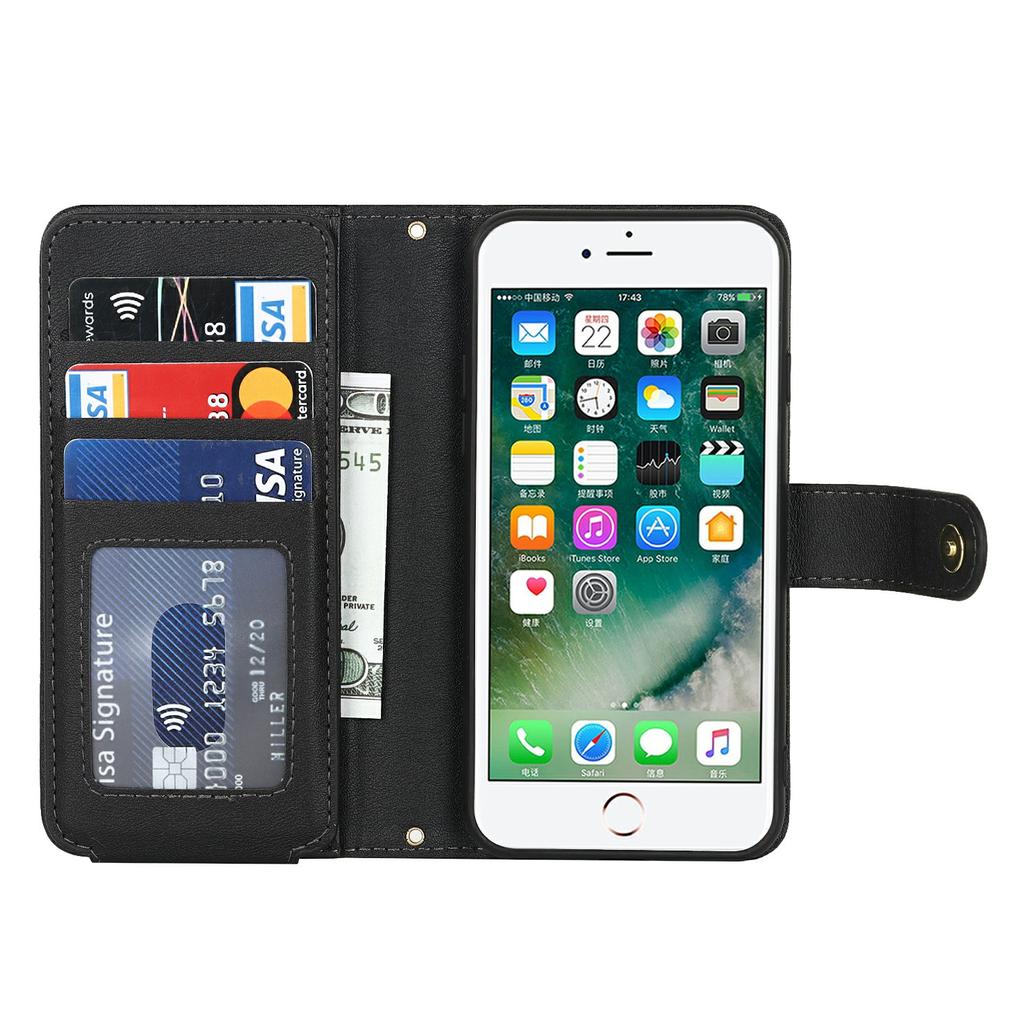 Stand Case for iPhone SE (2022)/(2020)/8/7 PU Leather Phone Cover with Straps/Zipper Wallet/Multiple Card Slots