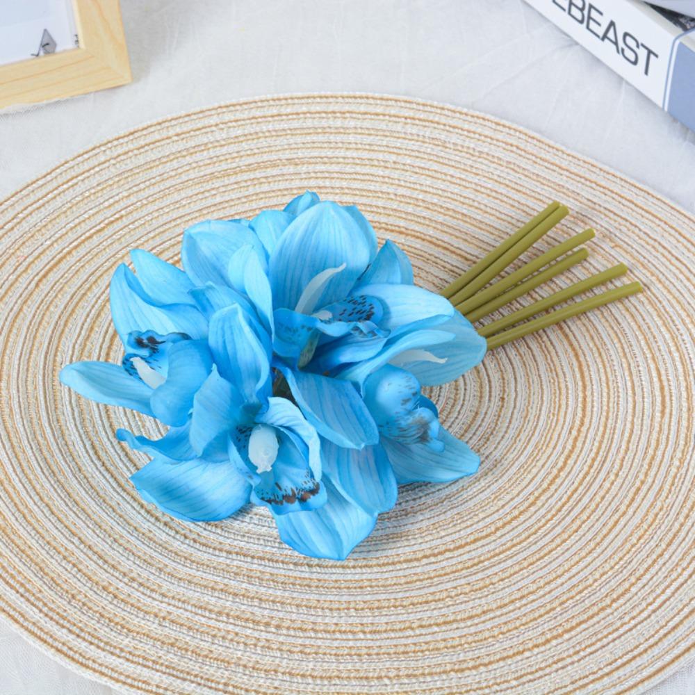 6 Heads Artificial Cymbidium Flowers Real Touch Magnolia Branch Birthday Decor