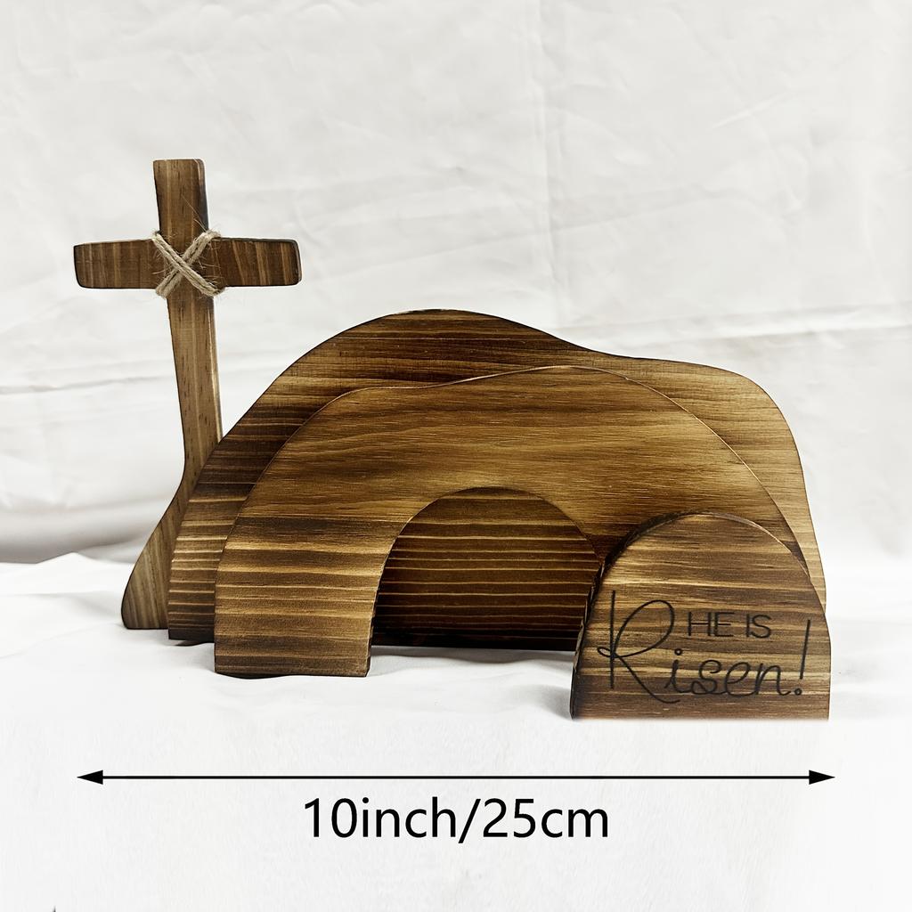 He Is Risen" Wooden Easter Resurrection Scene - Empty Tomb Decor with Cross - Christian Farmhouse Tiered Tray or Fireplace Decoration, Easter Decor