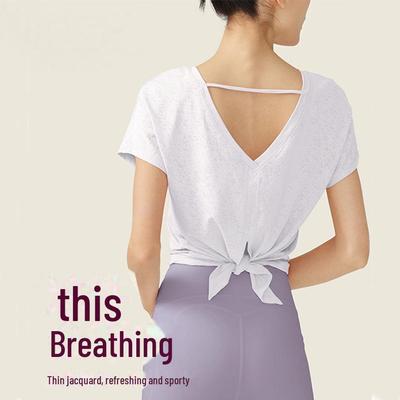 Женская летняя футболка для йоги: Легкая, свободная, дышащая спортивная блузка с коротким рукавом для пилатеса и фитнеса.