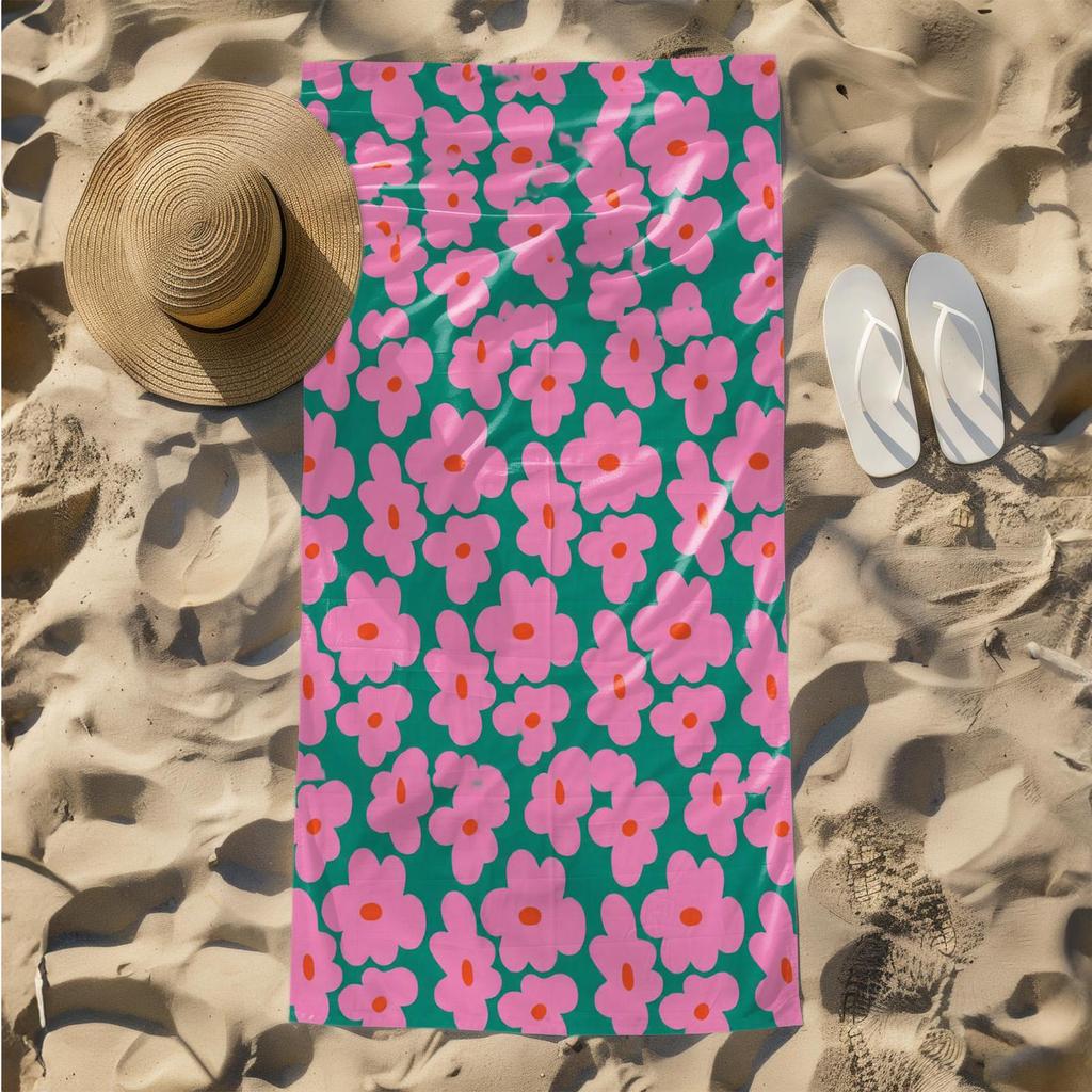 1pc Vibrant Pink Floral Pattern on Green Background 2D Printed Microfiber Beach Towel, quick dry super absorbent. Great for