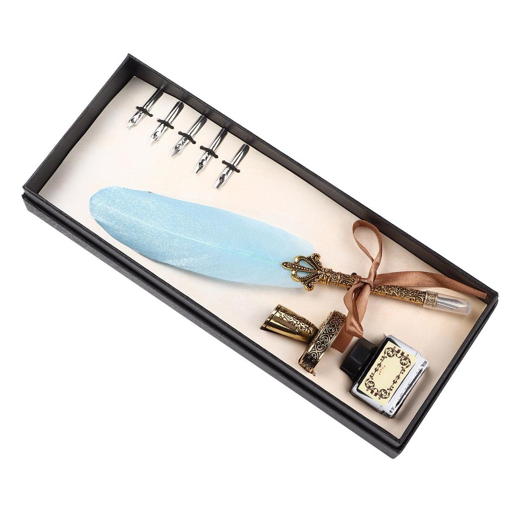 Feather Pen Set Vintage Ink Carved Metal Pen Writing Suit for Business Gift Table DecorationSky