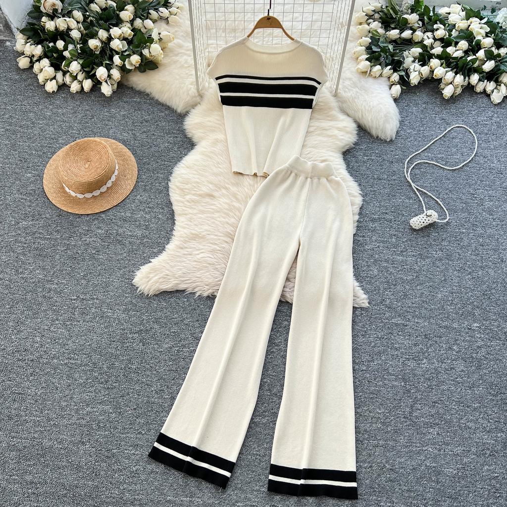 Летний женский повседневный полосатый трикотажный свитер, комплект из двух предметов, безрукавный пуловер и широкие брюки