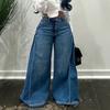 High-Waisted Wide Leg Denim Pants Women Deep Washed Blue Loose Flowy Full-Length Trousers