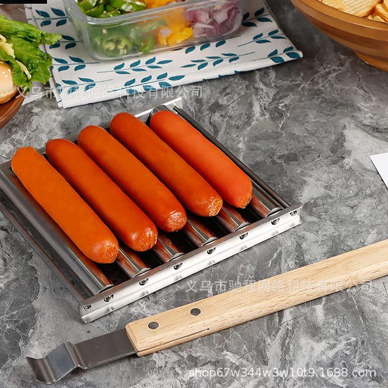 Ролик для хот-догов Ролик для колбасы из нержавеющей стали с удлиненной деревянной ручкой, гриль для барбекю для хот-догов