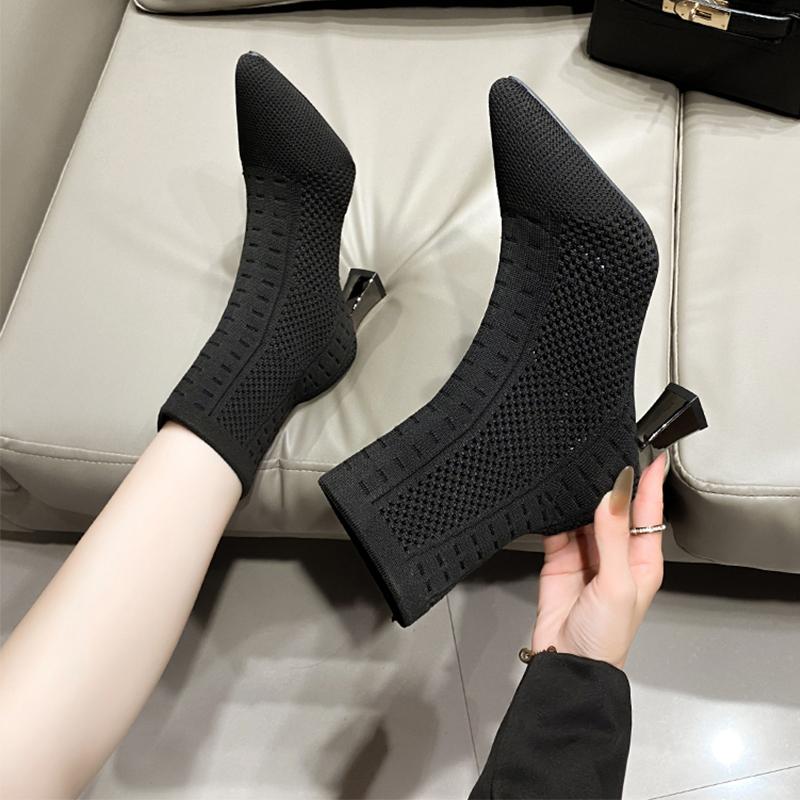 Сексуальные женские сапоги-носки с острым носком, вязаные ботильоны на высоком каблуке, модные новые ботинки челси 2024 года, зимние туфли-лодочки для женщин