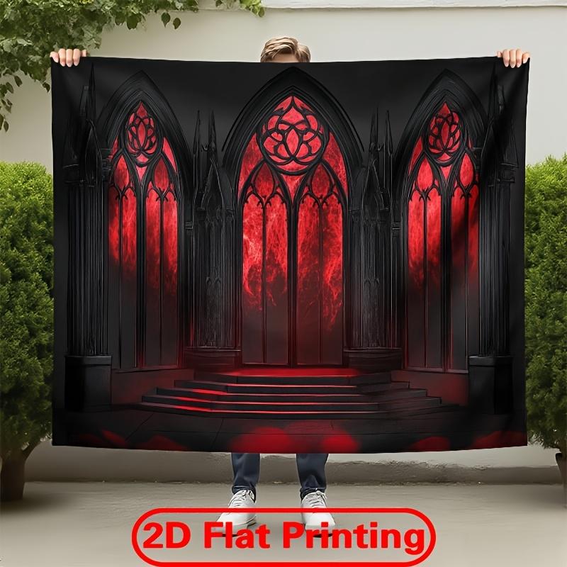 Royal Gothic Cathedral Mural Tapestry Red Church Wall Hanging Dramatic Medieval Abbey Decor Print for Living Room