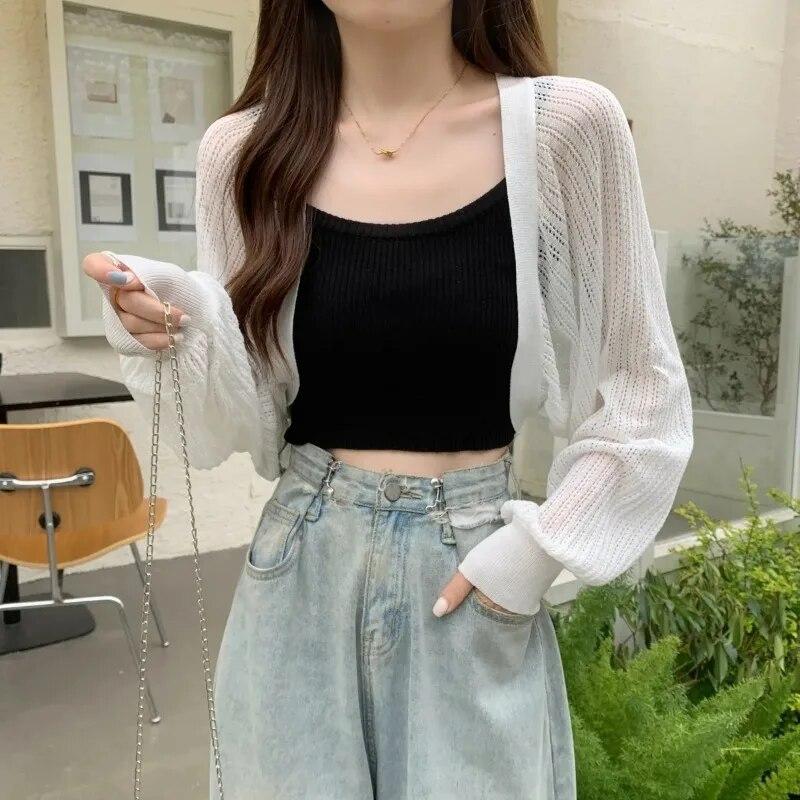 White Hollowed Out Knitted Cardigan Sweet Versatile Women Short Top Loose Shawl Thin Coat New Fashion Commuting Spring Autumn