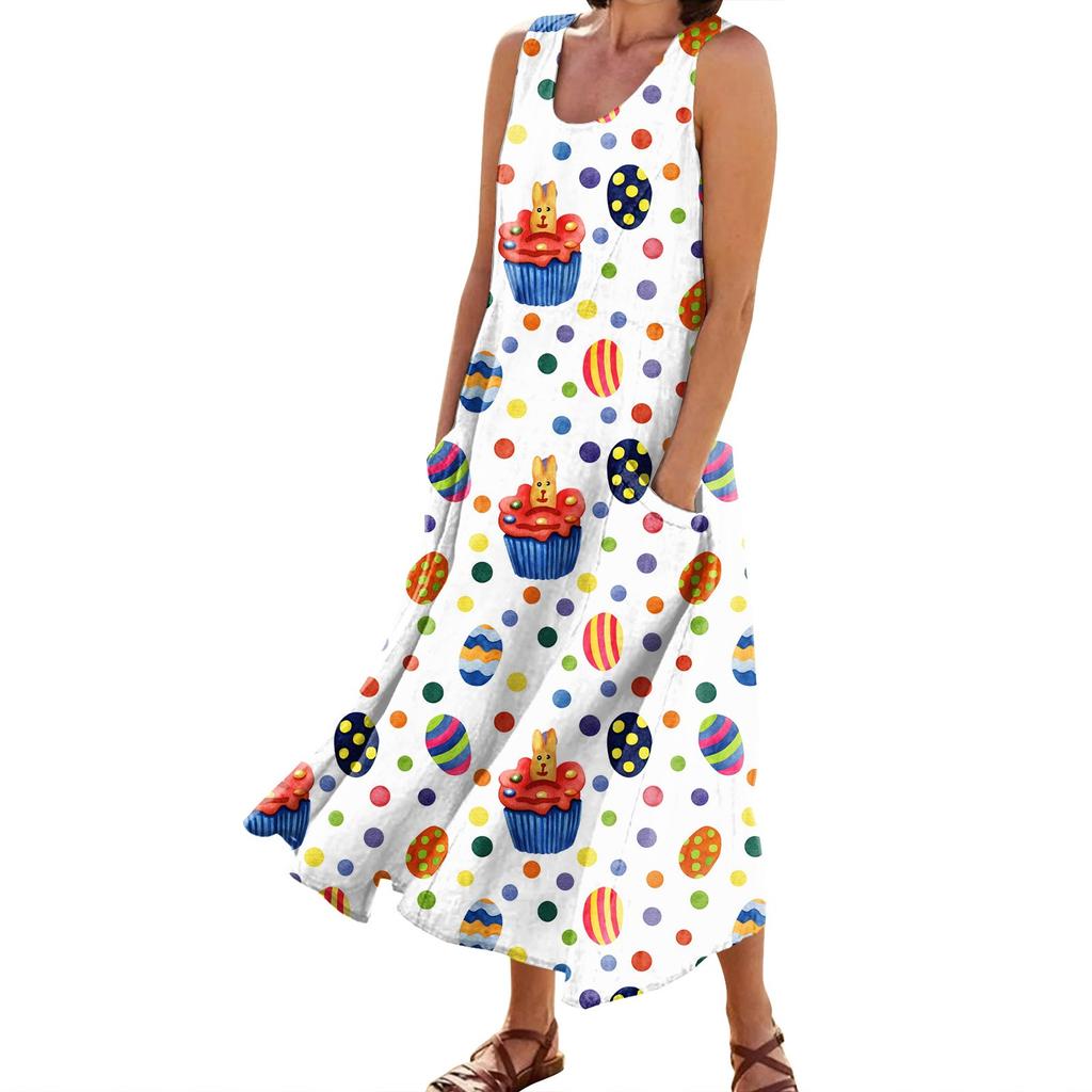 Women's Summer Casual Fashion Easter Printed Sleeveless Round Neck Pocket Dress