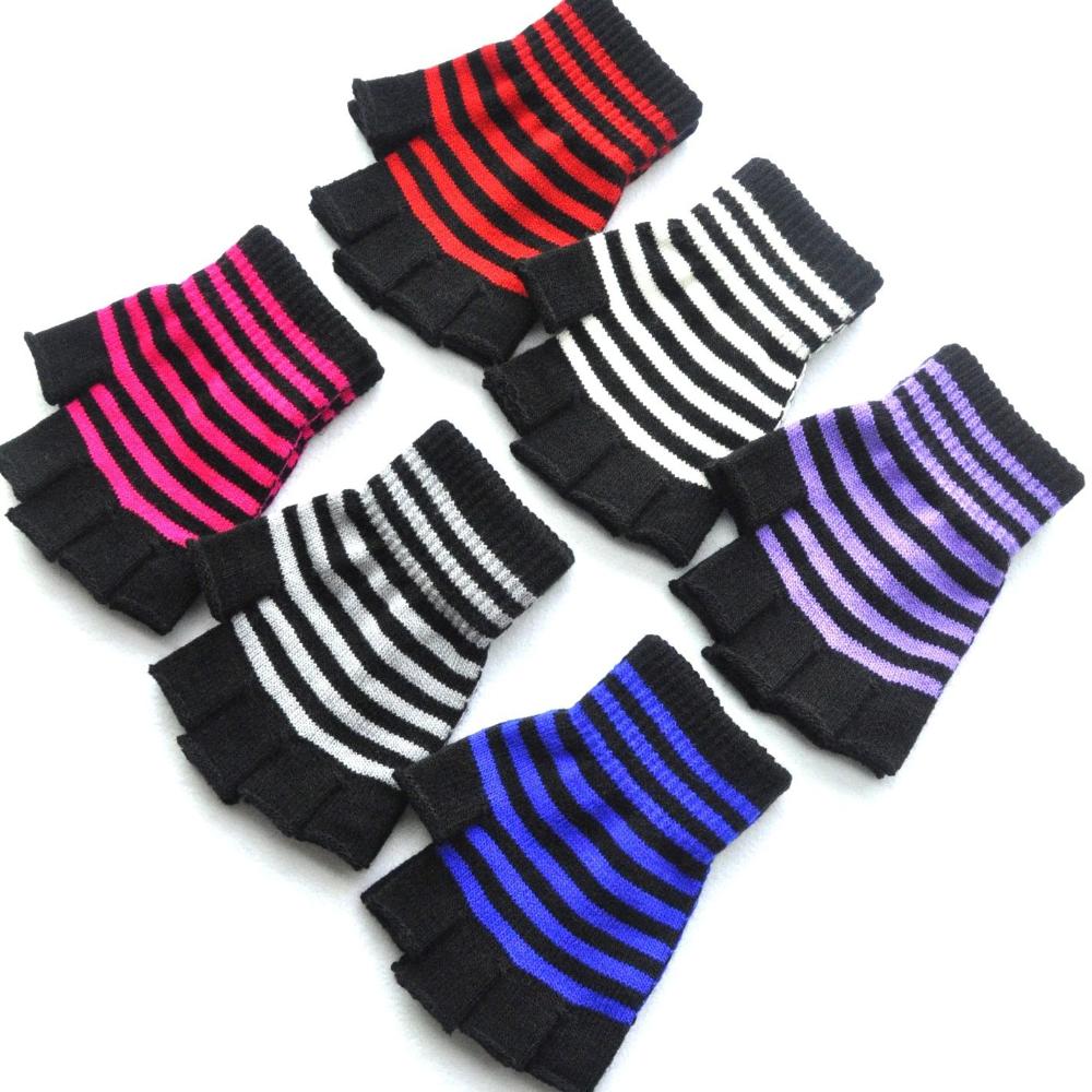 Unisex Warm Winter Fingerless Elastic Knitted Gloves Striped Knit Mittens Thicken
