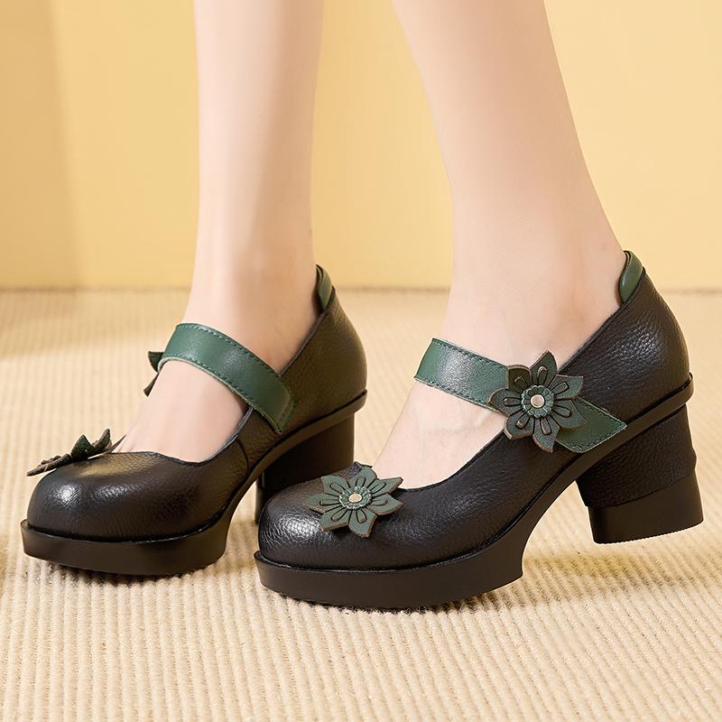 Fashion GKTINOO Spring Women Pumps Retro Lady 7CM High Heels Buckle Strap Flower Pumps Handmade Women Genuine Leather Shoes