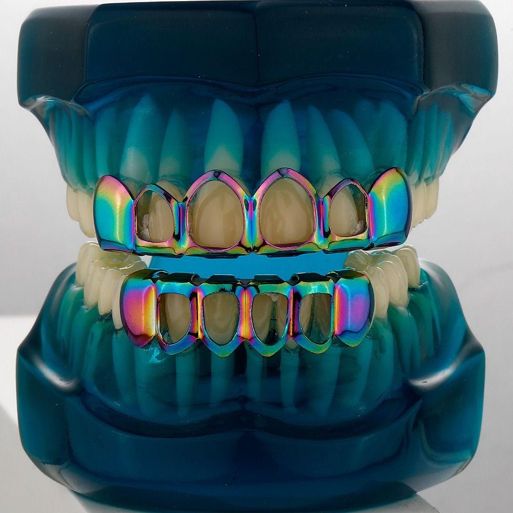 2Pcs/Set Glossy Charm Teeth Grillz Hip Hop Hollowed-Out Teeth Caps Tooth Socket