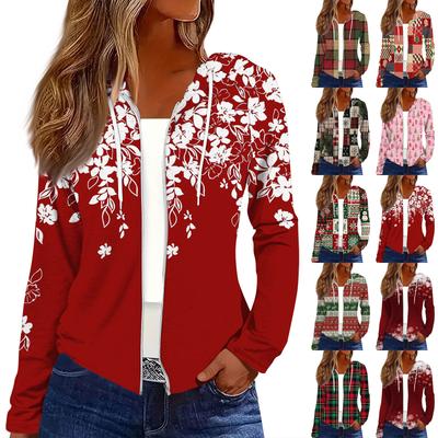 Женская модная повседневная куртка с капюшоном на молнии с рождественским принтом и длинными рукавами
