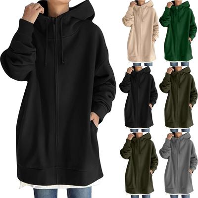 Женская длинная толстовка с капюшоном на молнии, легкая свободная повседневная толстовка с длинным рукавом и карманом