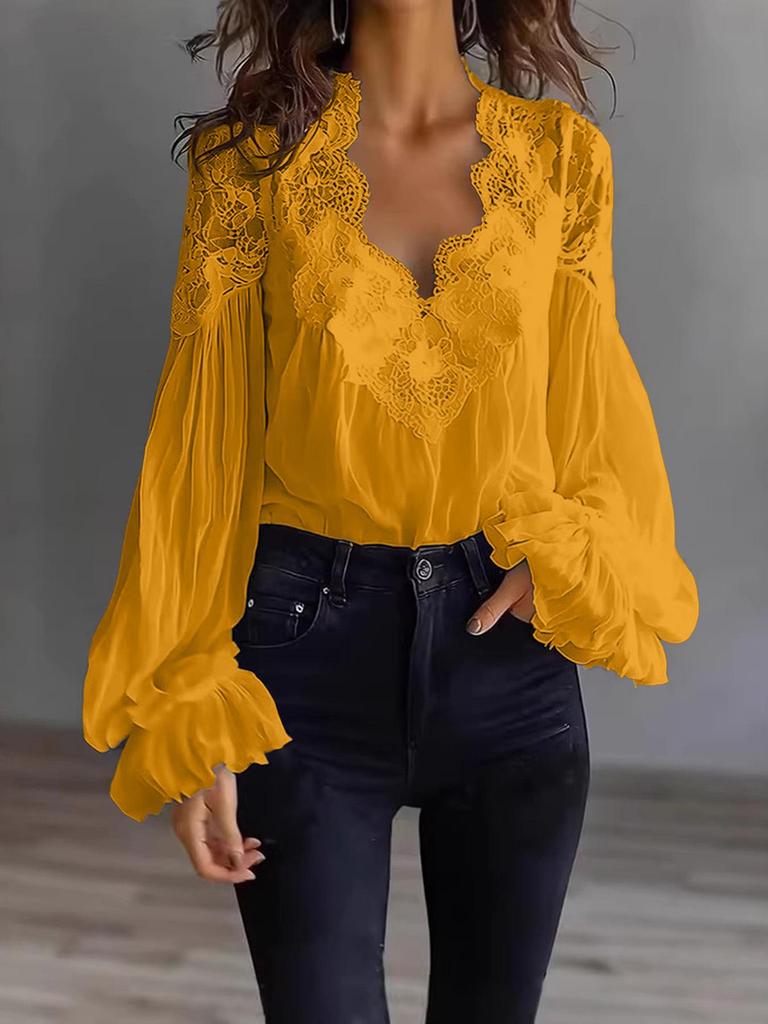Женская рубашка с кружевной аппликацией, пэчворком, пышными рукавами и плиссировкой, 2026 г., европейская и американская