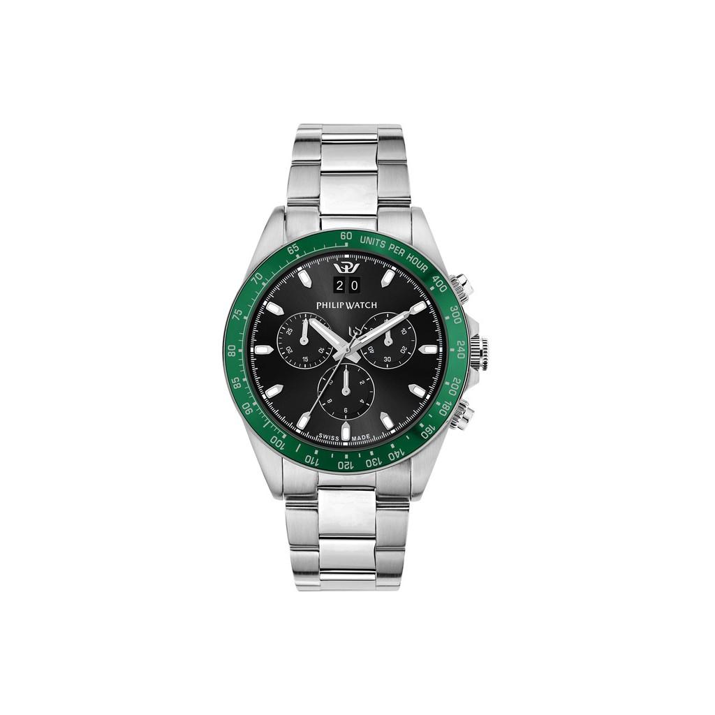 Philip Watch Swiss Made Caribe Sport Chronograph Stainless Steel Black Sunray Dial Quartz R8273607010 100M Men's Watch