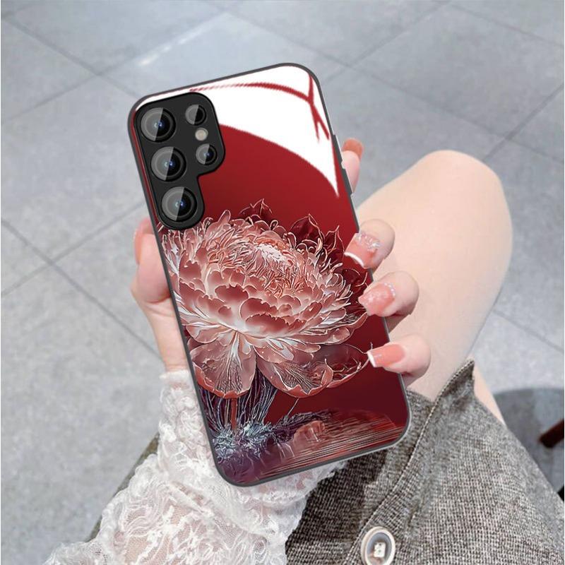 Хрустальный белый лотос Подходит для чехла для мобильного телефона Samsung S24ULTRA S23 Для девочек S22 Металлическая краска A52 Стеклянный чехол
