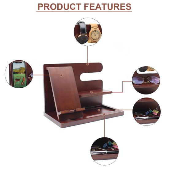 Phone Holder Stable Multifunctional Wooden Phone Organizer Key Wallet Watch Storage Shelf for Bedside Table