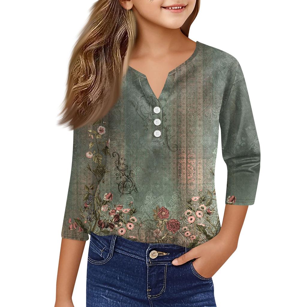 Повседневные модные топы для девочек с принтом, футболка с семью рукавами и пуговицами