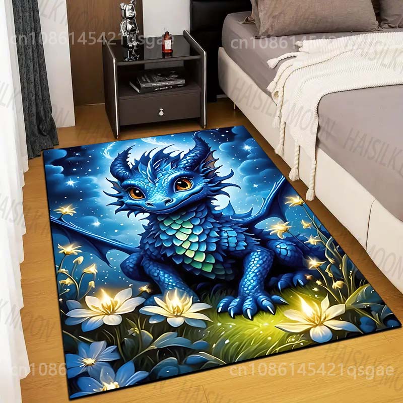 Multiple sizes Blue dragon with glowing flowers Print Carpet Rug for Living Room Bedroom Sofa Doormat Home Decor Non-slip Mat