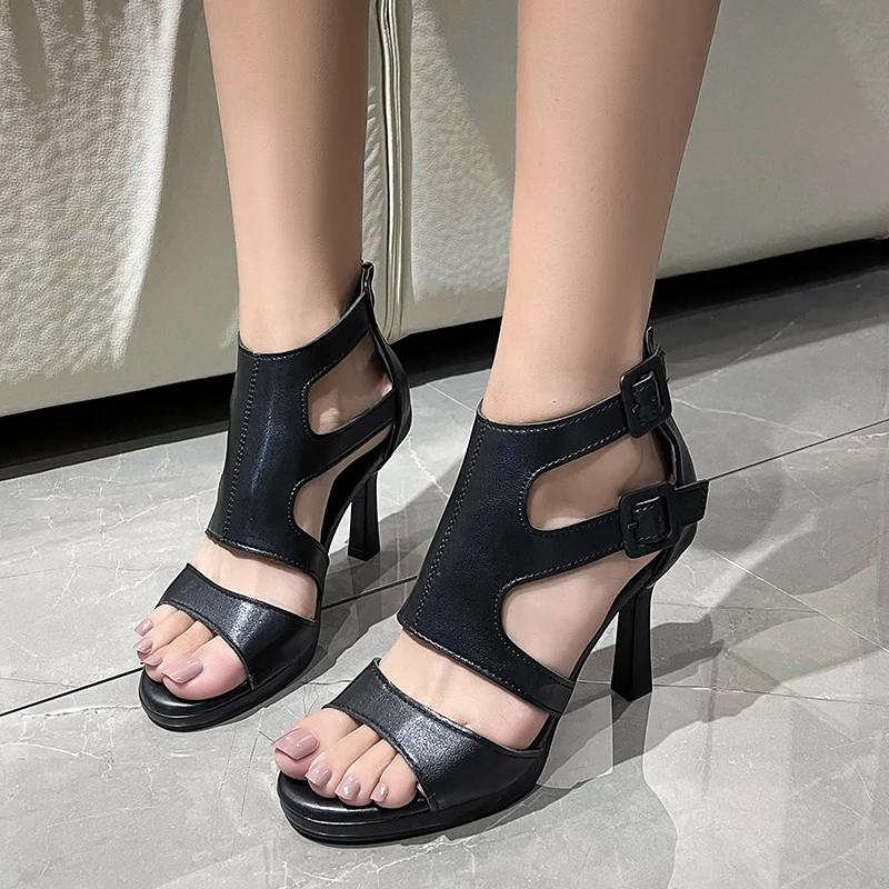 Мода 2024 года, лето, новая женская мода, пряжка ремня, выемка, высокие каблуки, молния сзади, открытый носок, тонкий каблук, римские сандалии