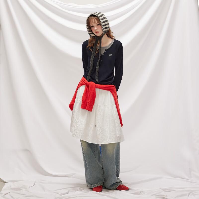 unifree American Retro Faux Two-Piece Color Block Pullover Knitted Sweater