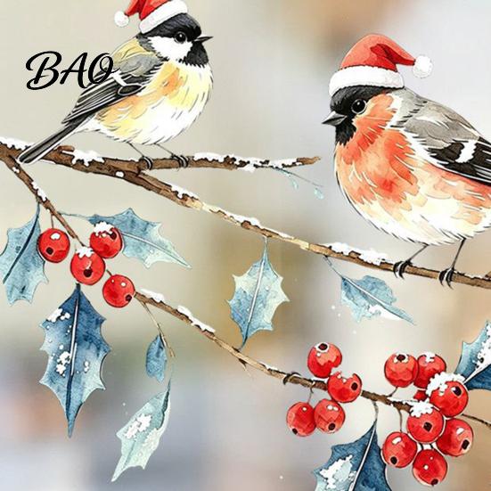 Indoor Outdoor Glass Stickers Christmas Watercolor Bird Window Sticker, Santa Hat on Beey Reusable Party Decorations Branch Static Decal, Waterproof