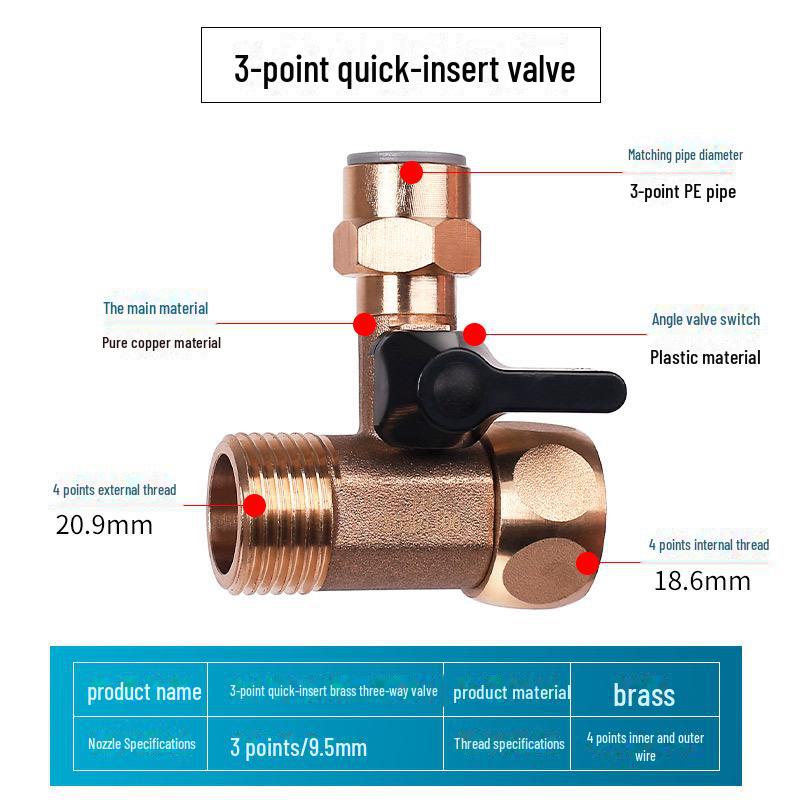 Прочный полностью медный трехходовой шаровой кран для подачи воды со встроенным переключателем
