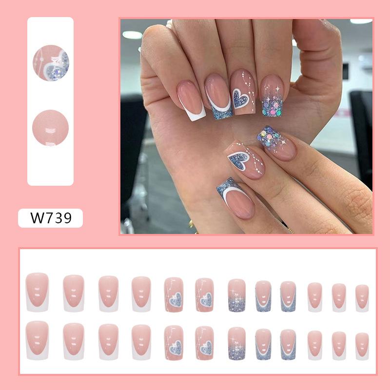24 Pieces Medium and Long French Manicure Flash Love Fake Nails European and American Ins Style Wearing Sweet Girl Manicure Nails