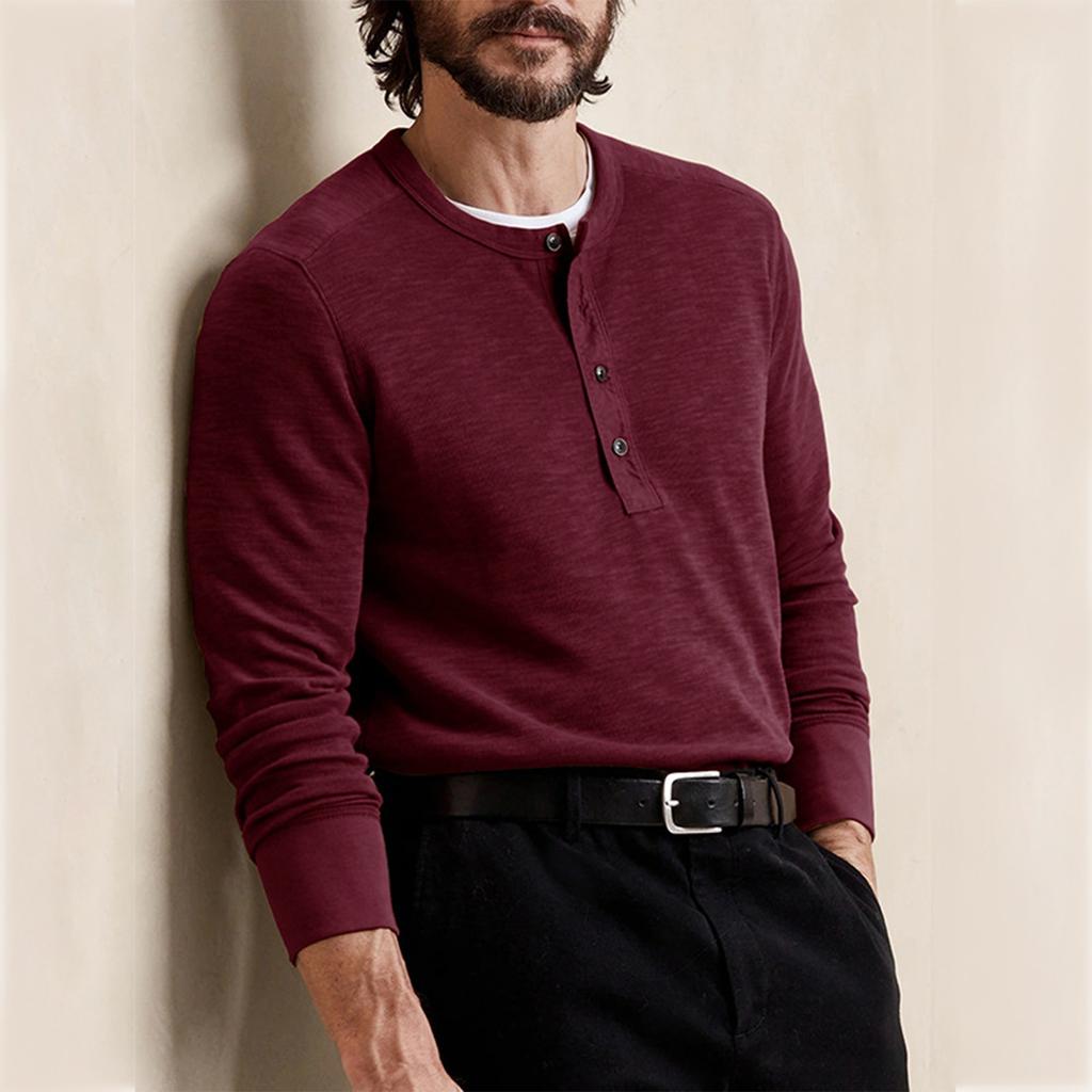 Men's Spring And Autumn Solid Color T-shirt Lapel 3 Button Open Placket Button Long Sleeved Top
