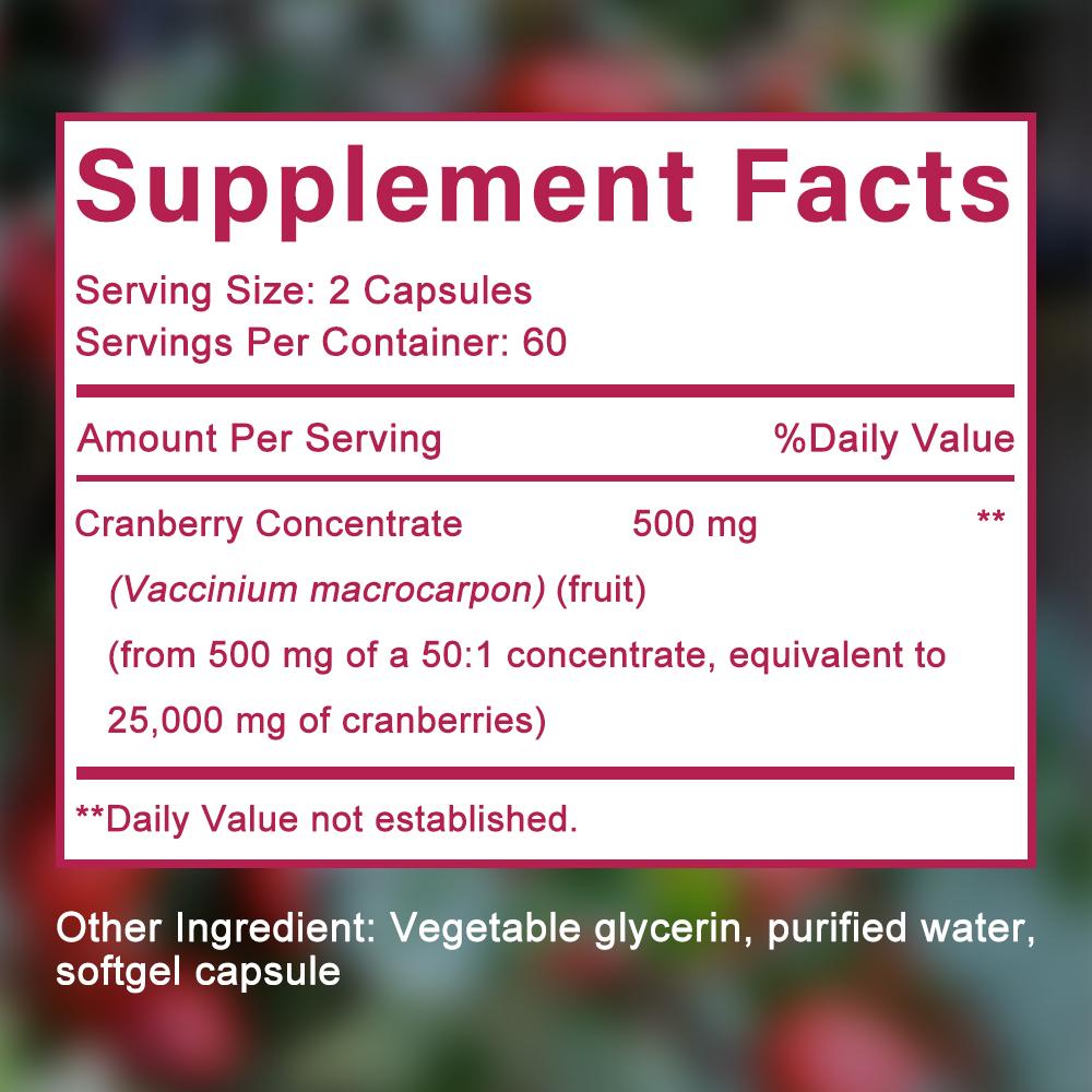 Cranberry Fruit Softgels 500mg 50:1 Extract, 120 Rapid Release Capsules,Vegan Non‑GMO for Men & Women