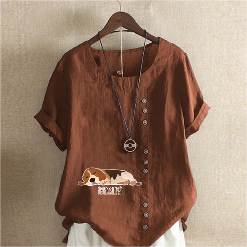 Women's Fashion Round Neck Short Sleeve T-shirt Casual Cotton Linen Graphic Shirt Leisure Loose Dog Prined Summer Blouse Tops Plus Size