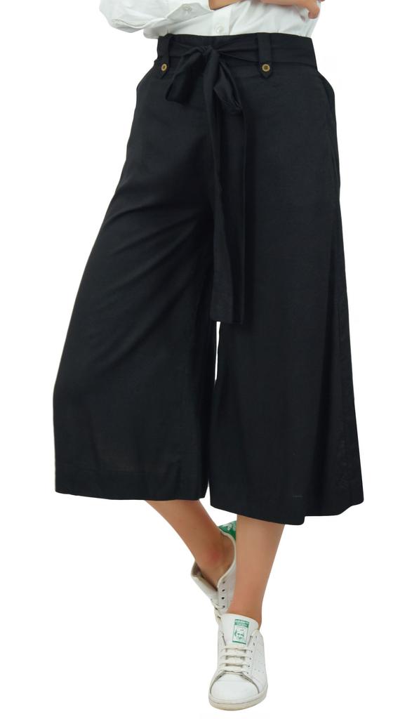 Bimba Женские брюки-капри из искусственного шелка с широкими штанинами, повседневные летние брюки с резинкой сзади и поясом, черные -