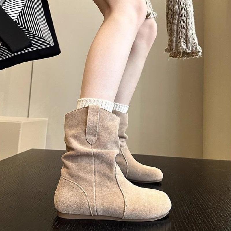 Модные женские полусапоги в стиле ретро с круглым носком, женские туфли до середины голени на плоской подошве, зима 2024 года, новинка по акции, дизайнерская роскошь, демисезон
