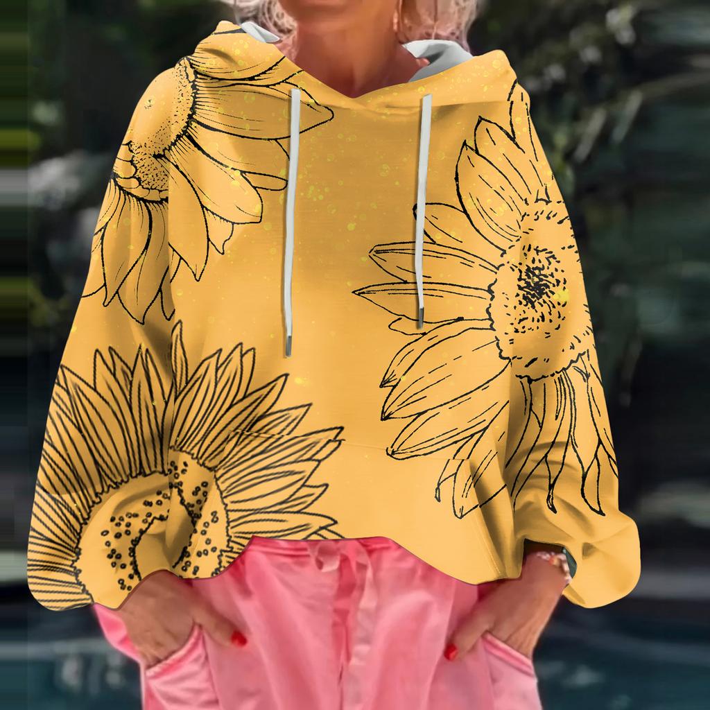 Women's Floral Print Loose Casual Long Sleeved Hooded Sweatshirt