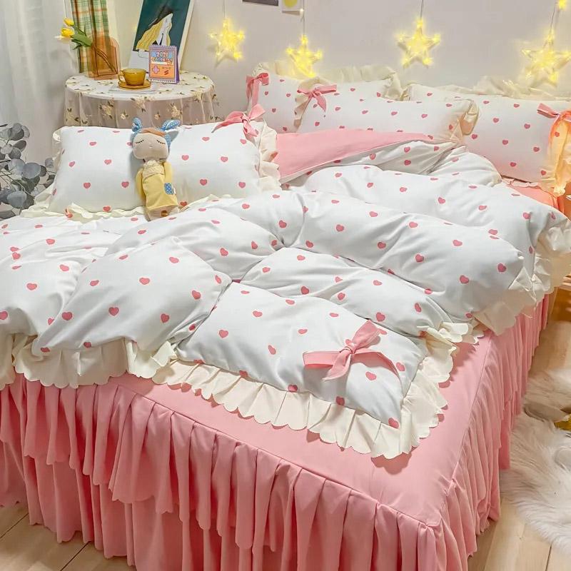 4pcs/set Cute Brushed Double Layer Lace Bed Skirt Bow Bedspread Bed Sheet Bedding Set Korean Version Girl Quilt Cover Four Piece Set